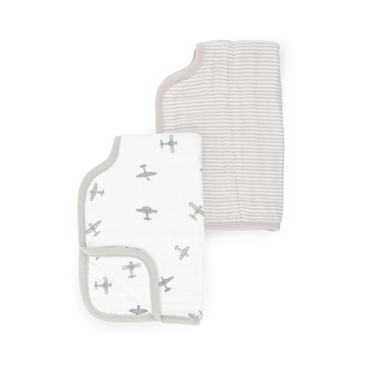 Little Unicorn Organic Cotton Muslin Burp Cloth 2-Pack (Pewter Planes/Sand Stripe)
