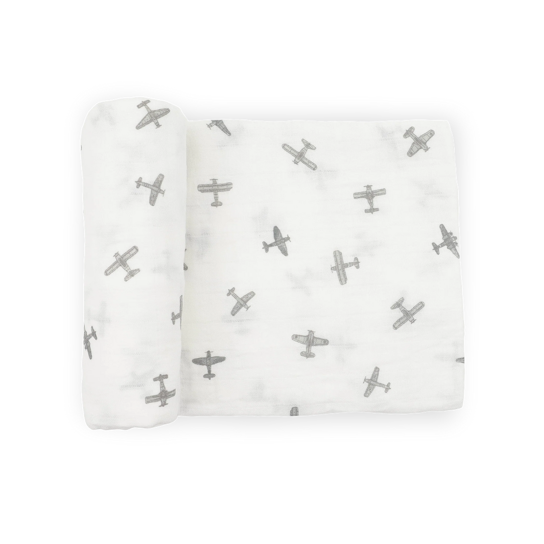 Little Unicorn Organic Cotton Muslin Swaddle Blanket (Pewter Planes)