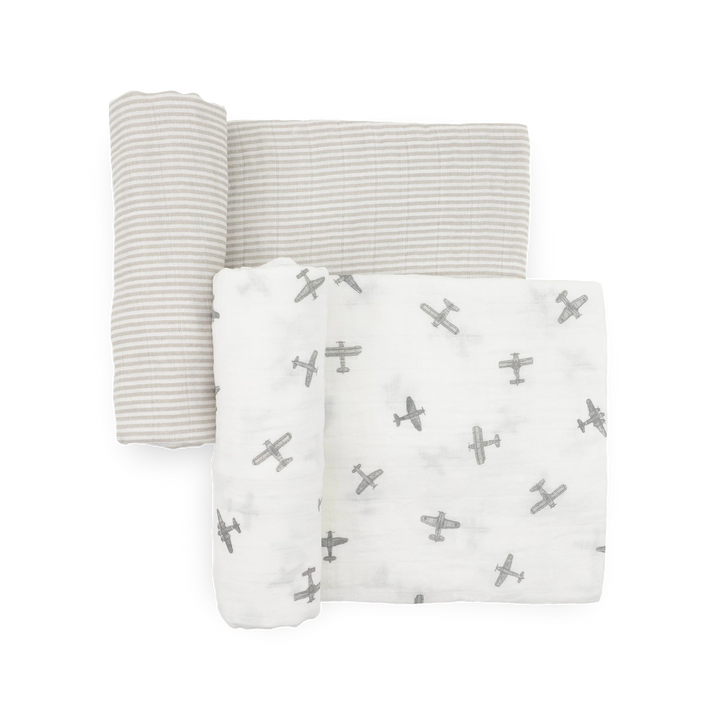 Little Unicorn Organic Cotton Muslin Swaddle Blanket Set (Pewter Planes)