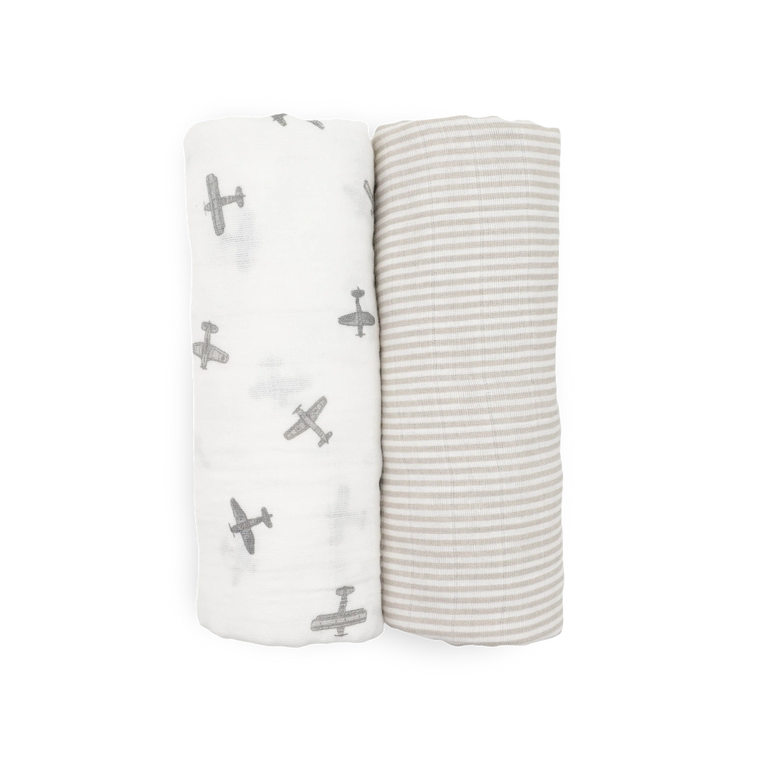Little Unicorn Organic Cotton Muslin Swaddle Blanket Set (Pewter Planes)