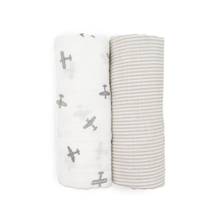 Little Unicorn Organic Cotton Muslin Swaddle Blanket Set (Pewter Planes)