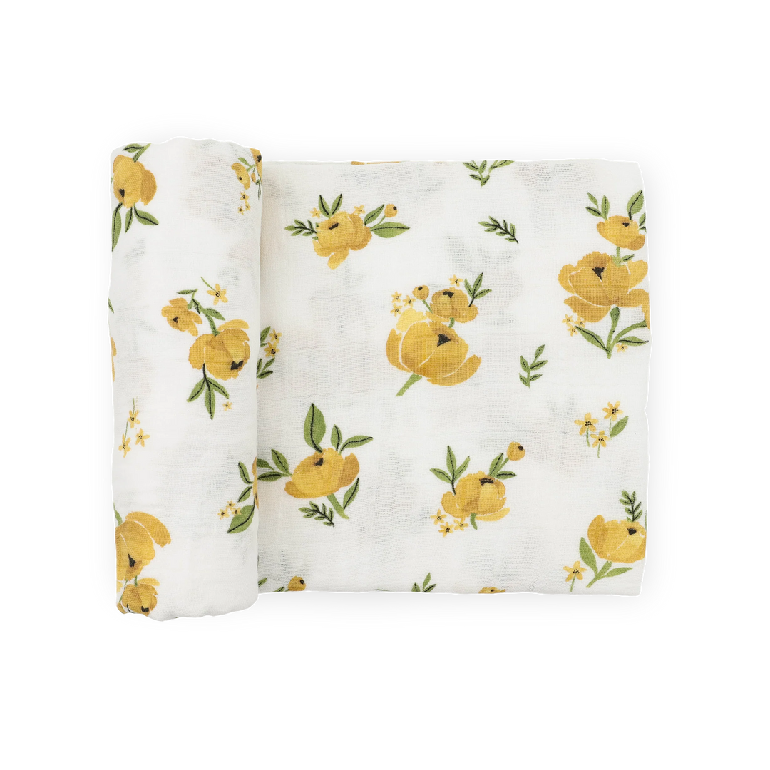 Little Unicorn Organic Cotton Muslin Swaddle Blanket (Yellow Roses)