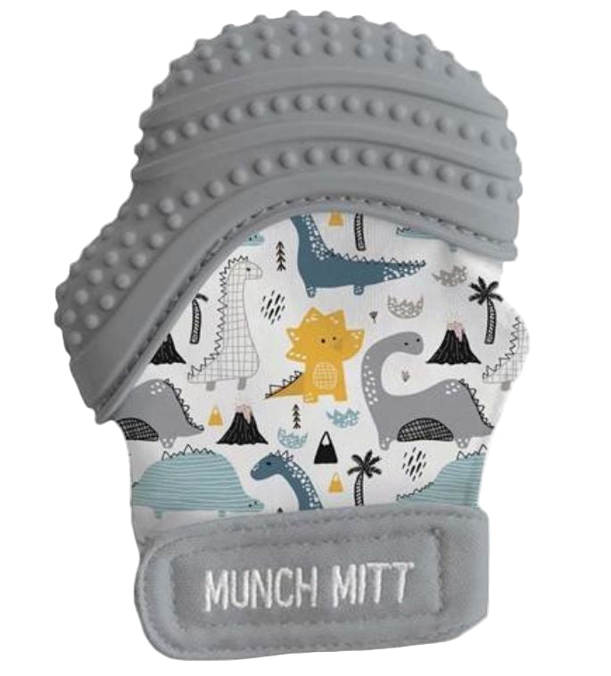 Teething mitt with dinosaur pattern and textured gray top on a white background
