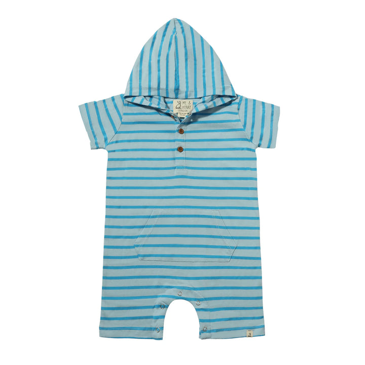 Me & Henry Charlie Hooded Romper (Blue/Aqua Stripe)