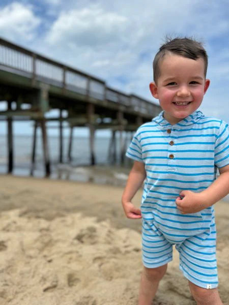 Me & Henry Charlie Hooded Romper (Blue/Aqua Stripe)