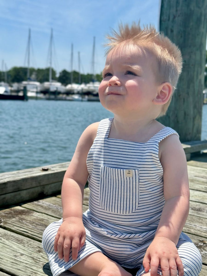 Me & Henry Dandy Jersey Romper (White/Royal Stripe)