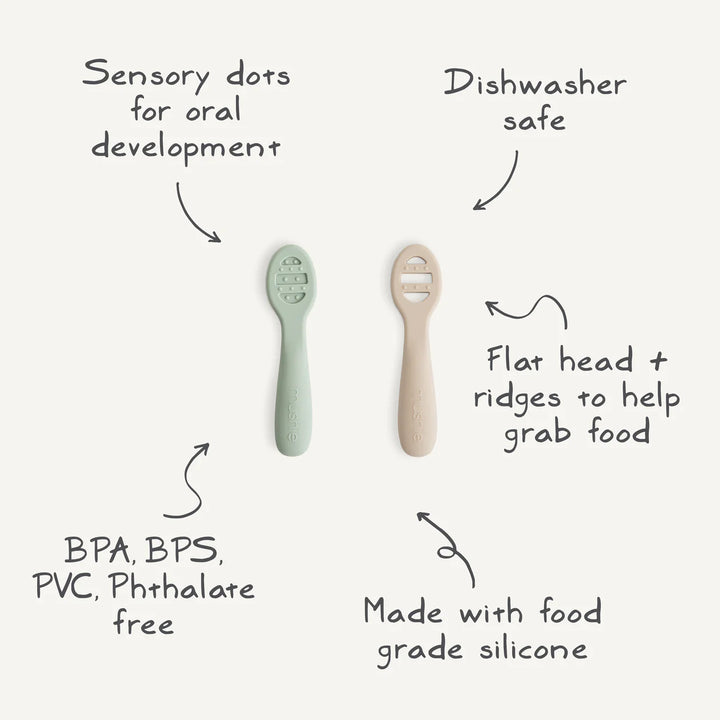 Mushie First Feeding Baby Spoons 2-Pack (Powder Blue/Shifting Sand)