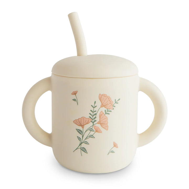 Mushie Silicone Training Cup + Straw (Pink Flowers)