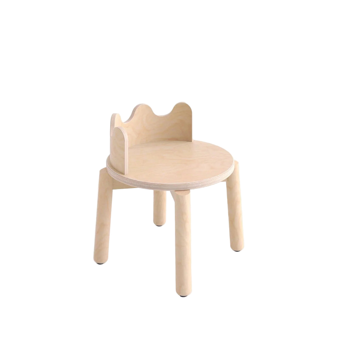 Wooden children's chair with a unique design on a white background