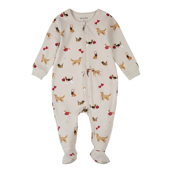 Baby onesie with dog pattern on a white background