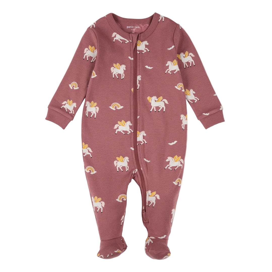 Baby onesie with unicorn pattern on a white background