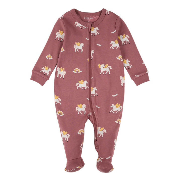 Baby onesie with unicorn pattern on a white background