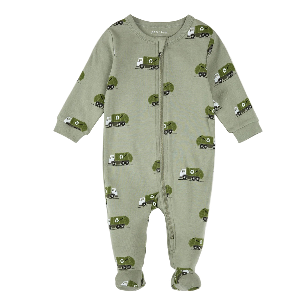 Green baby onesie with truck pattern on a white background
