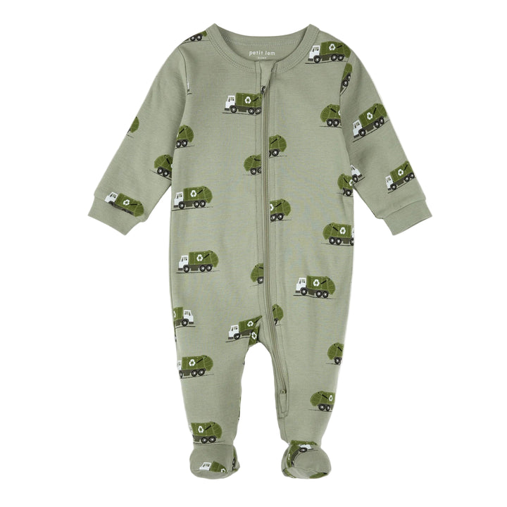 Green baby onesie with truck pattern on a white background