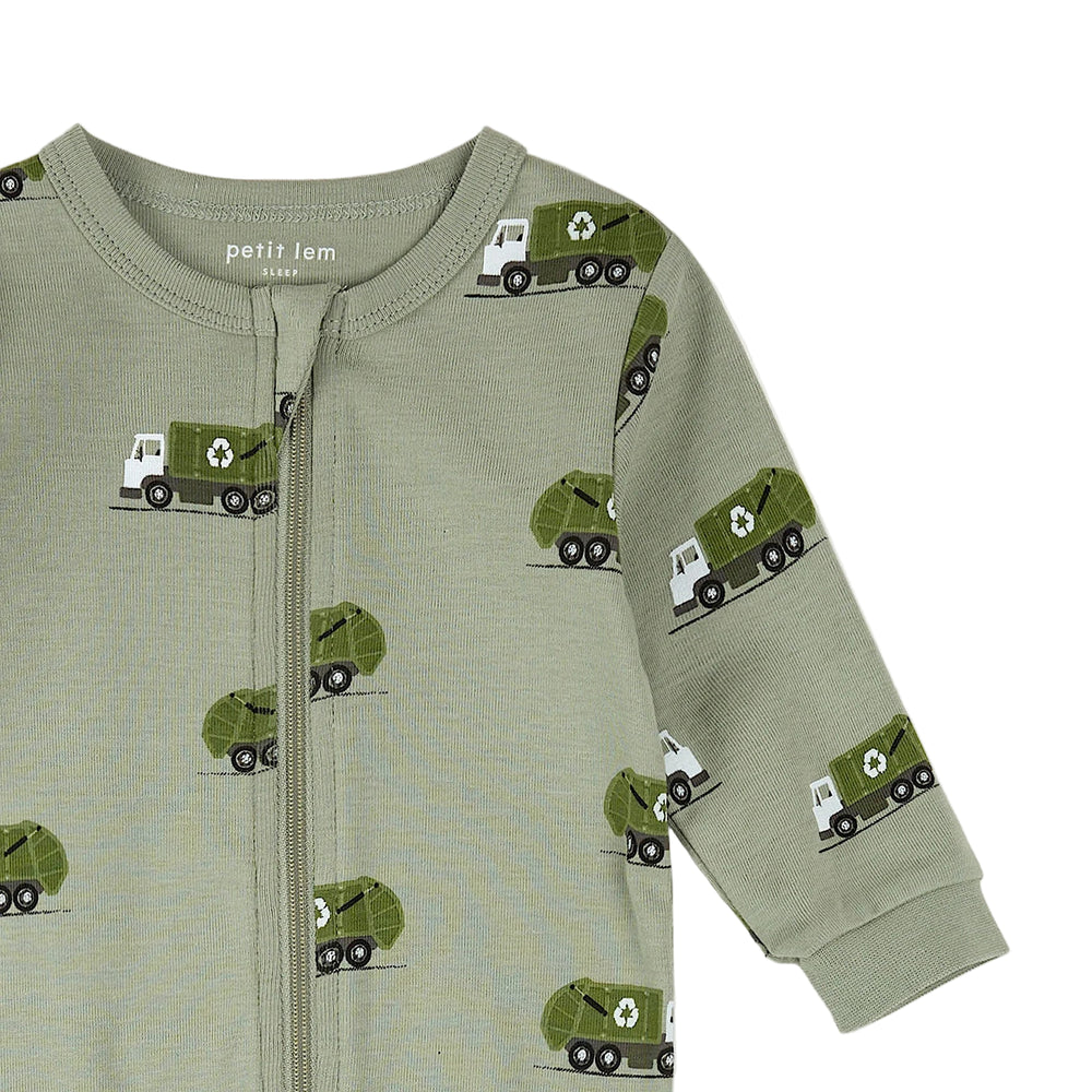 Green baby onesie with garbage truck pattern on a white background