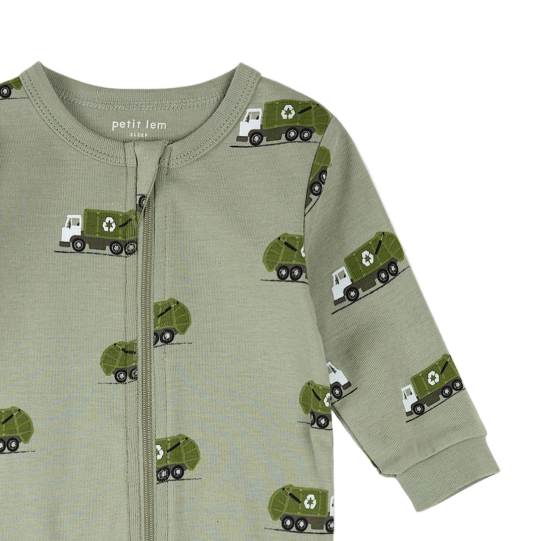 Green baby onesie with garbage truck pattern on a white background