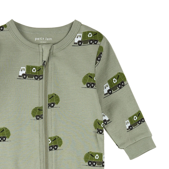 Green baby onesie with garbage truck pattern on a white background