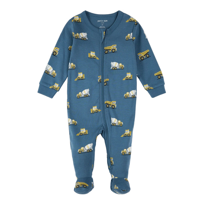 Blue baby onesie with construction vehicle pattern on a light gray background