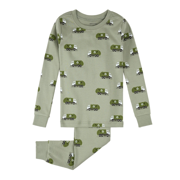 Children's pajama set with green truck pattern on a white background