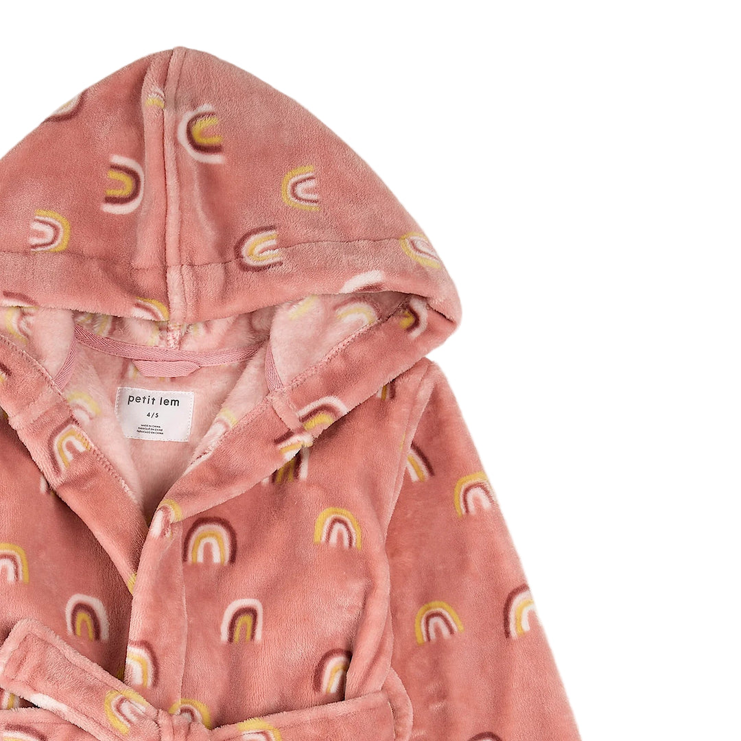 Pink robe with rainbow pattern and 'petit lem' label on a white background