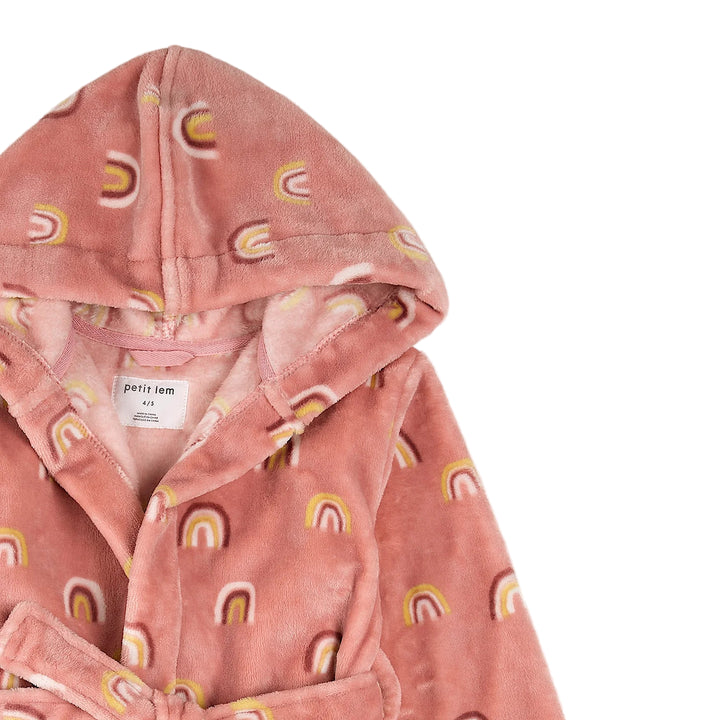 Pink robe with rainbow pattern and 'petit lem' label on a white background
