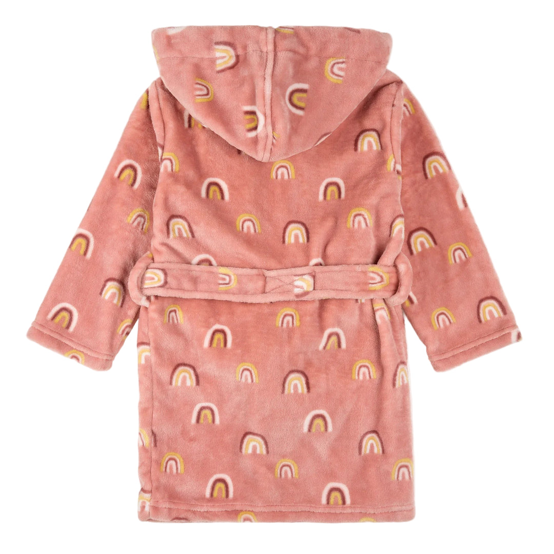 Pink children's robe with rainbow pattern on a white background