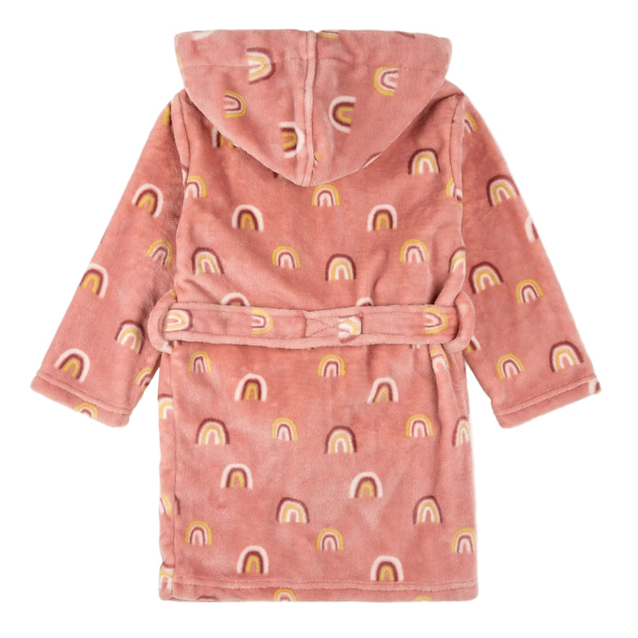 Pink children's robe with rainbow pattern on a white background