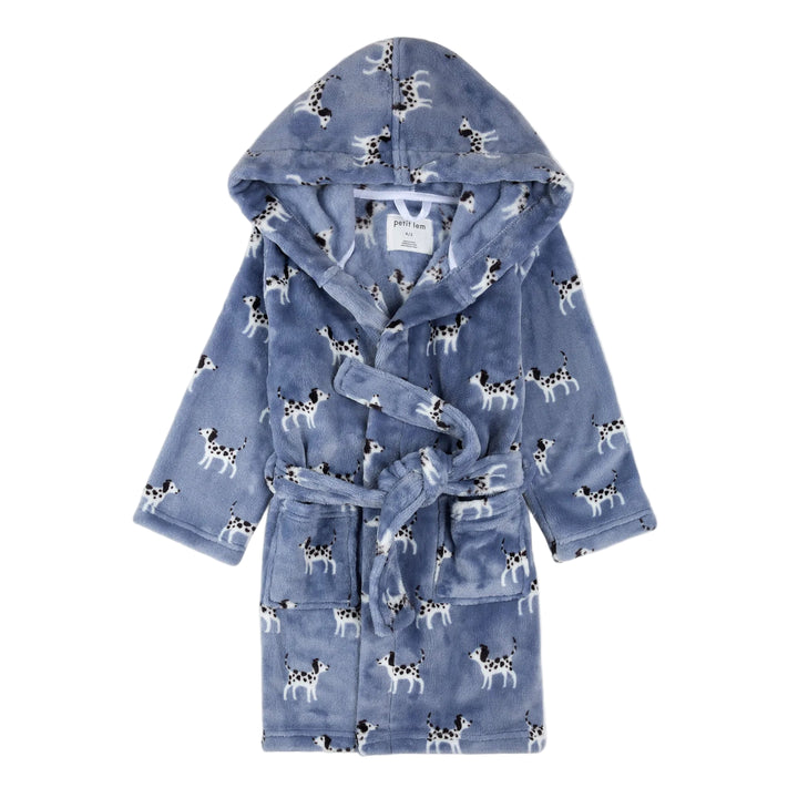 Blue children's robe with dog pattern on a white background