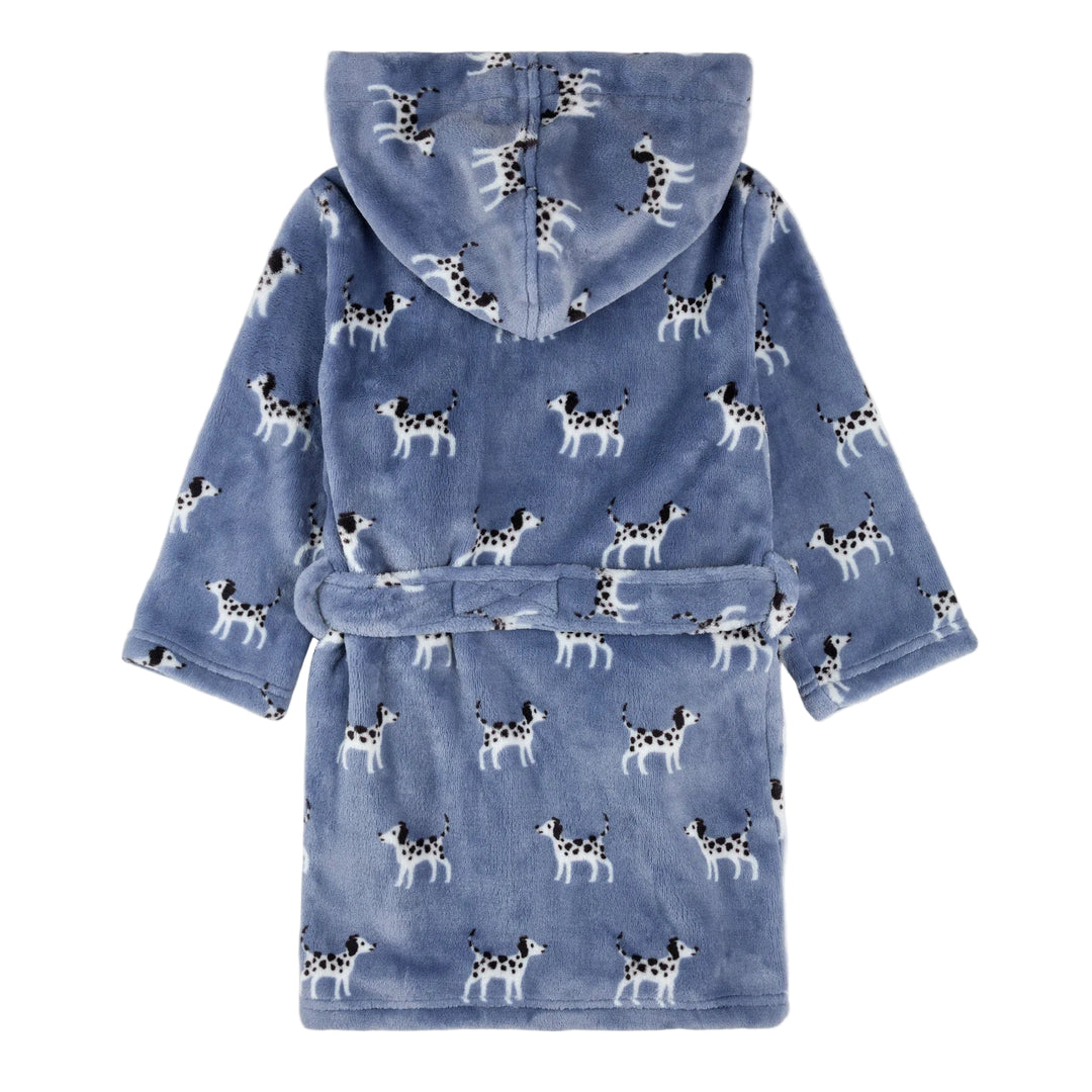 Blue children's robe with dalmatian pattern on a white background