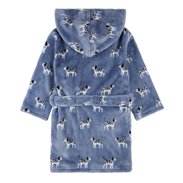 Blue children's robe with dalmatian pattern on a white background