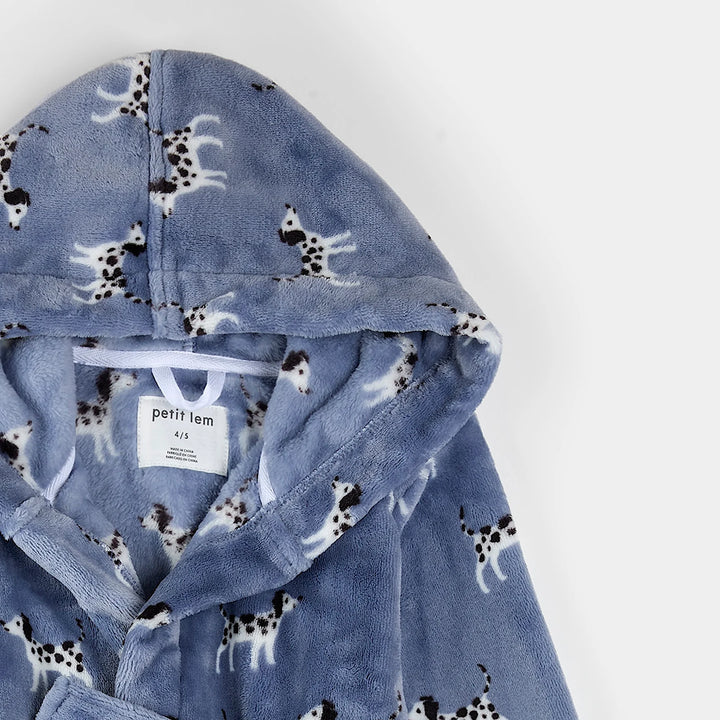 Blue hooded robe with Dalmatian print on a white background