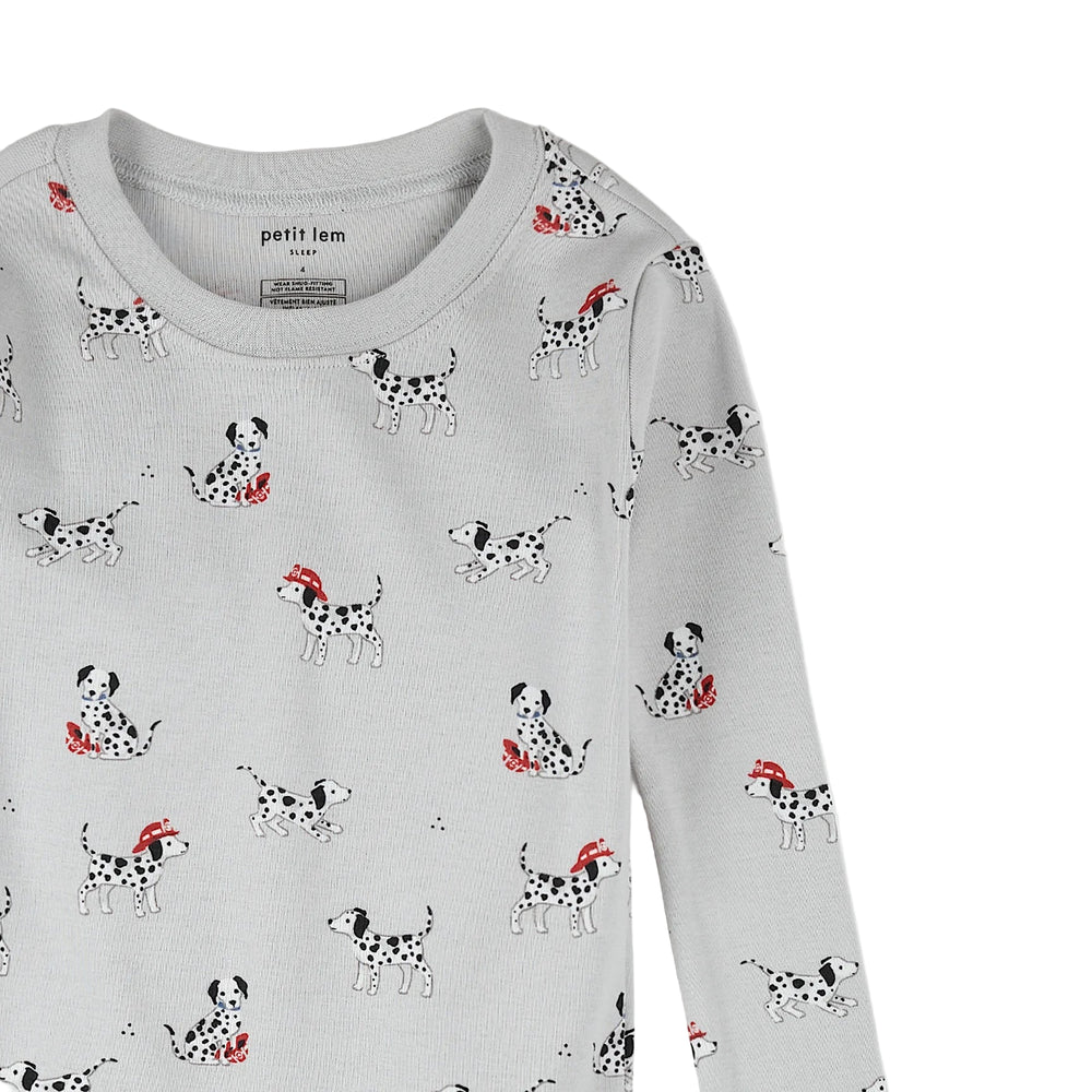 Gray long-sleeve shirt with Dalmatian dog pattern on a white background