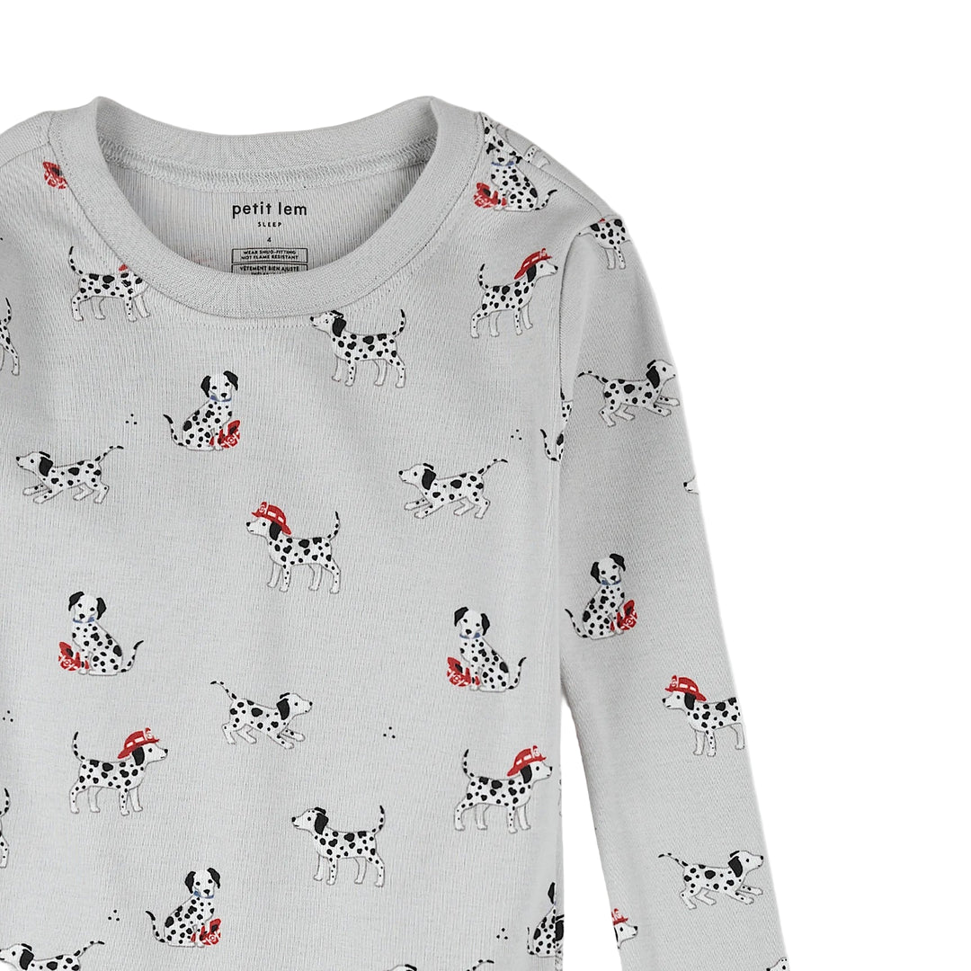 Gray long-sleeve shirt with Dalmatian dog pattern on a white background