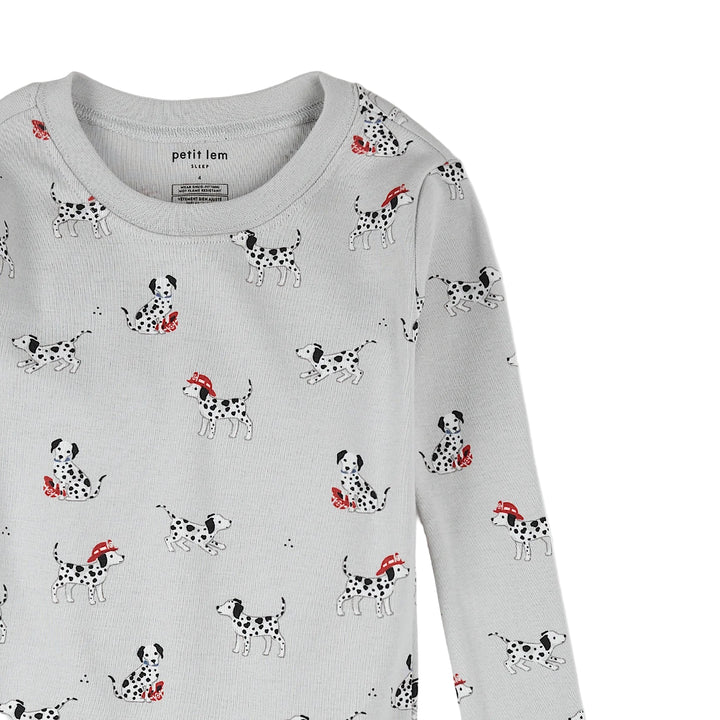 Gray long-sleeve shirt with Dalmatian dog pattern on a white background