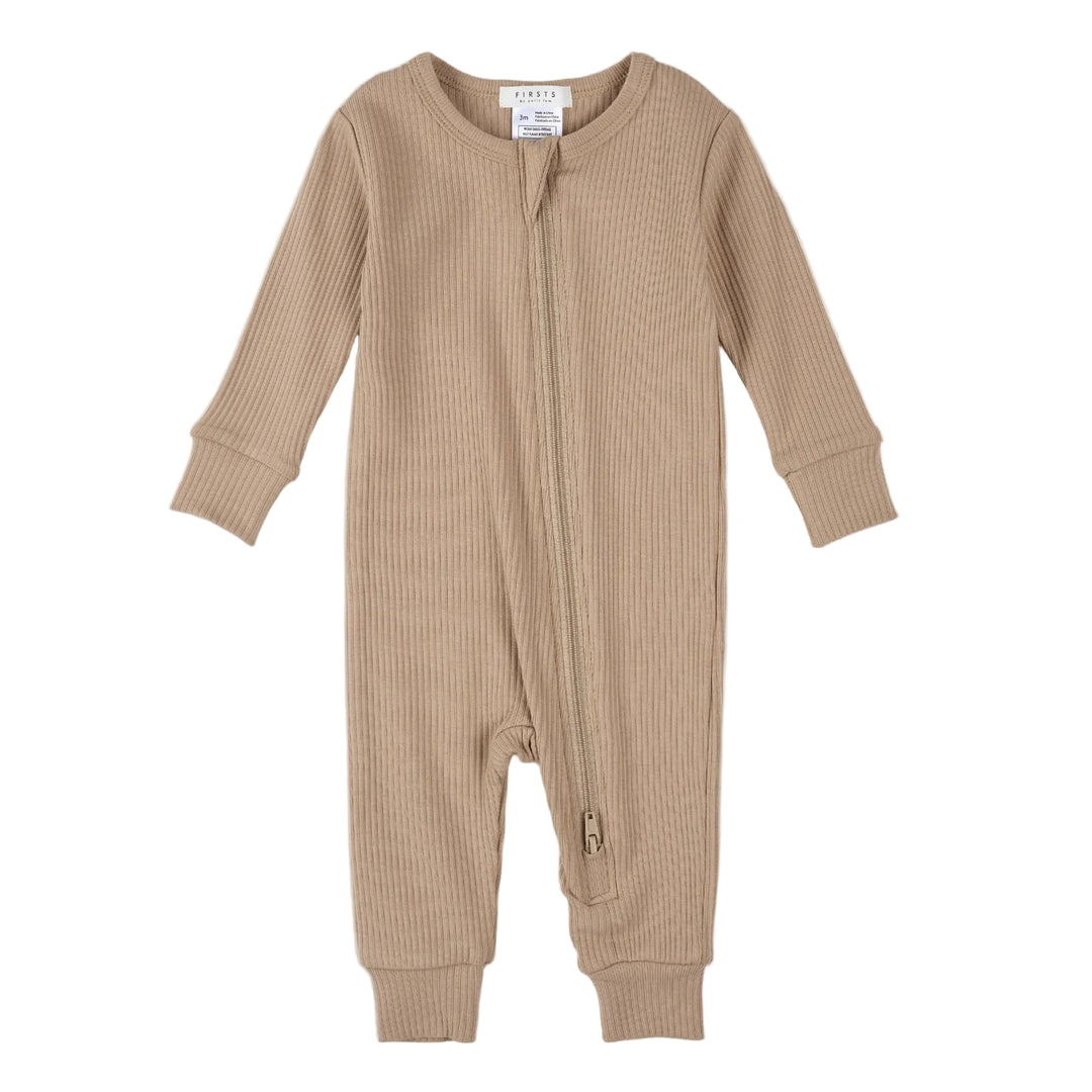 Beige ribbed baby onesie with a zipper on a white background
