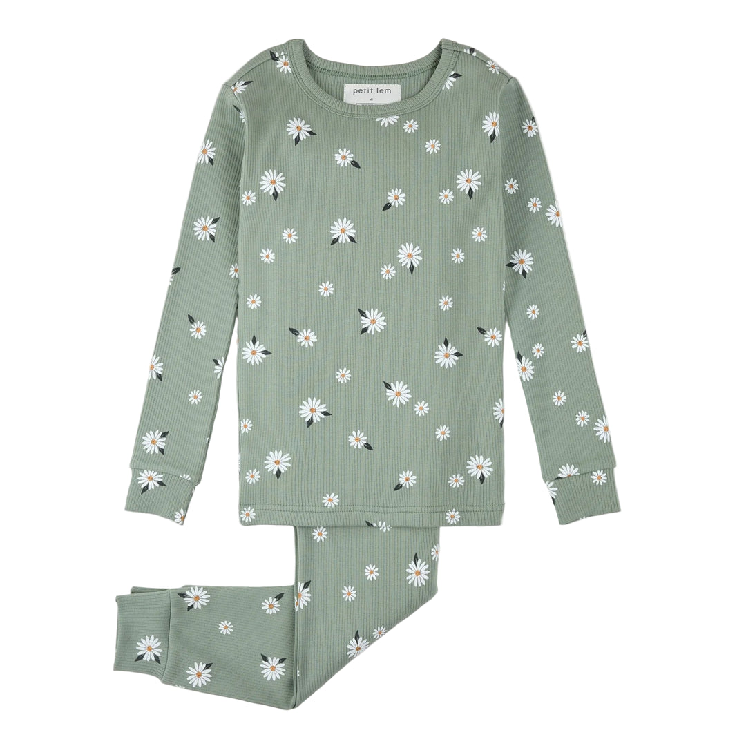 Green pajama set with white floral pattern on a white background