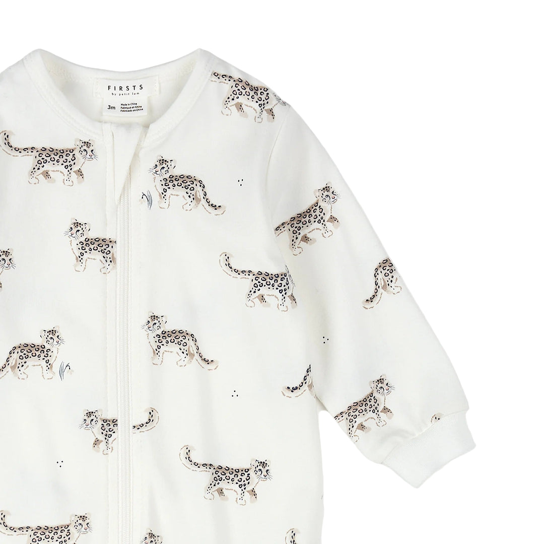 White onesie with silver leopard print on a white background