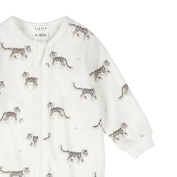 White onesie with silver leopard print on a white background