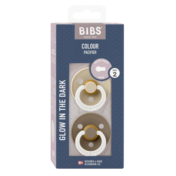 BIBS Colour Round Latex Pacifier 2-Pack (Vanilla/Dark Oak Glow)