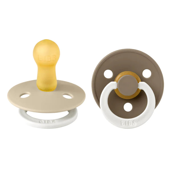 BIBS Colour Round Latex Pacifier 2-Pack (Vanilla/Dark Oak Glow)