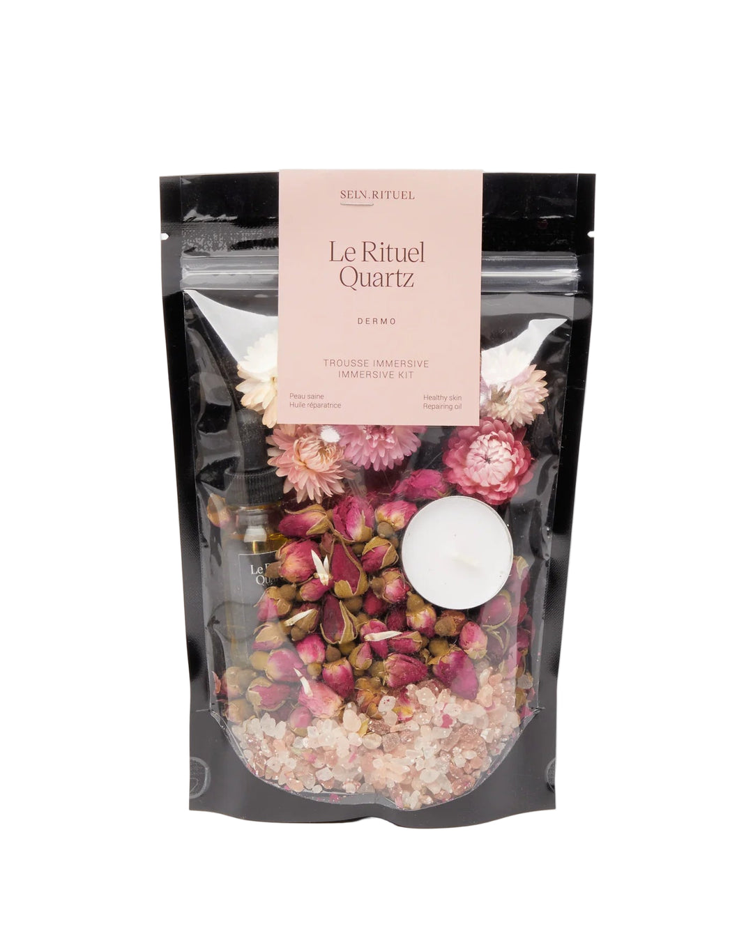Packaged product with a pink label on a white background