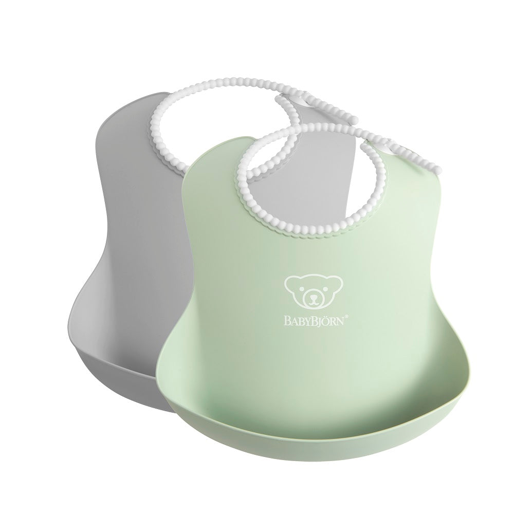 Baby Bjorn Baby Bib 2-Pack (Powder Green/Grey)-Feeding-Baby Bjorn-026161 PGG-babyandme.ca