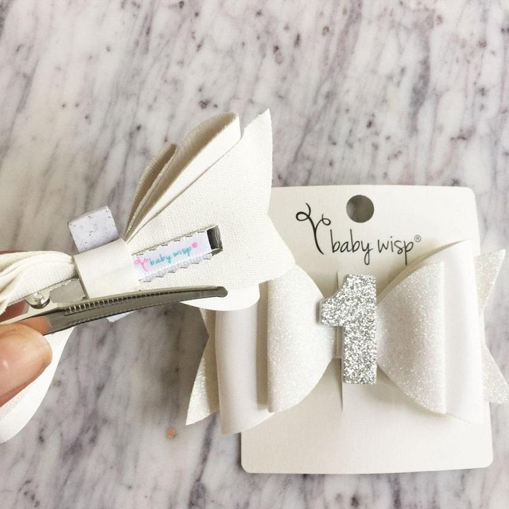 Baby Wisp First Birthday Glitter Bow Pinch Hair Clip (White & Silver)-Apparel-Baby Wisp-025696 WH-babyandme.ca