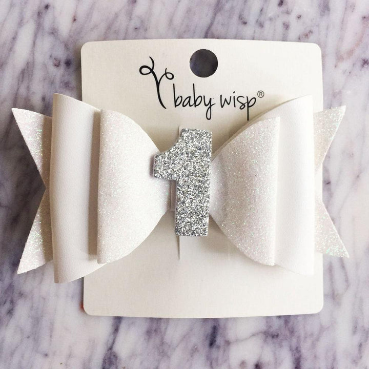 Baby Wisp First Birthday Glitter Bow Pinch Hair Clip (White & Silver)-Apparel-Baby Wisp-025696 WH-babyandme.ca