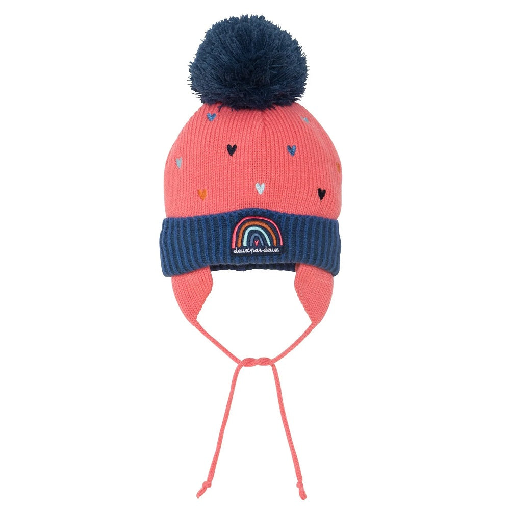 Deux par Deux E10ZE02 Earflap Knit Hat (Coral/Blue Hearts)-Apparel-Deux par Deux--babyandme.ca