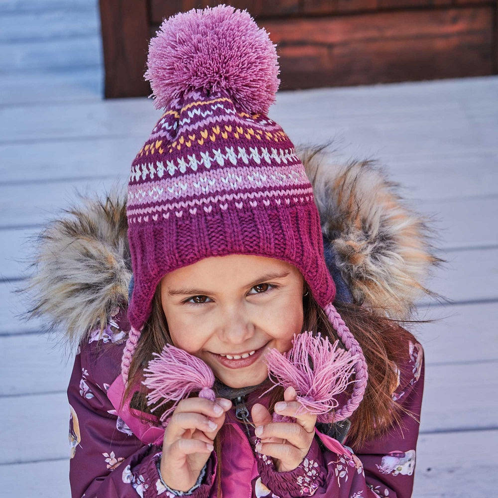 Deux par Deux E10ZF01 Earflap Knit Hat (Burgundy/White/Yellow)-Apparel-Deux par Deux--babyandme.ca