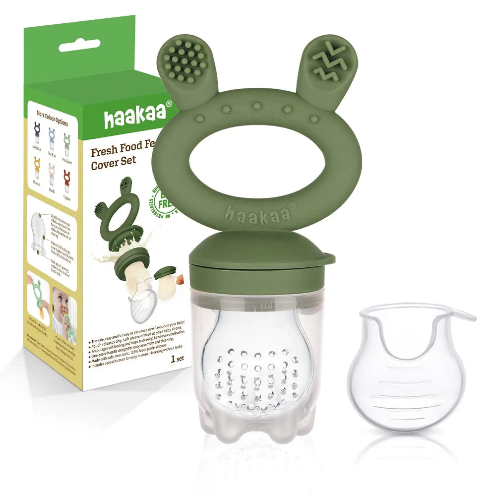 Haakaa Fresh Food Teether Feeder & Cover Set (Olive Green)-Feeding-Haakaa-031434 OG-babyandme.ca