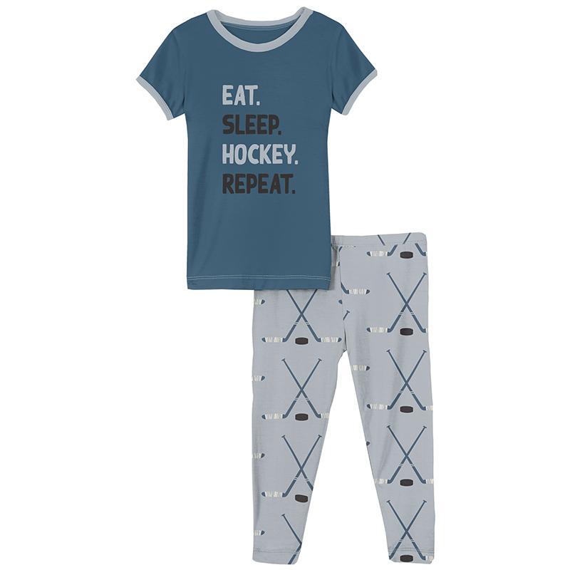 KicKee Pants Print Short Sleeve Pajama Set (Pearl Blue Hockey)-Apparel-KicKee Pants--babyandme.ca
