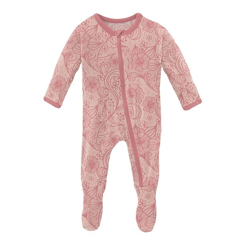 KicKee Pants Zippered Footie (Peach Blossom Lace)-Apparel-KicKee Pants--babyandme.ca