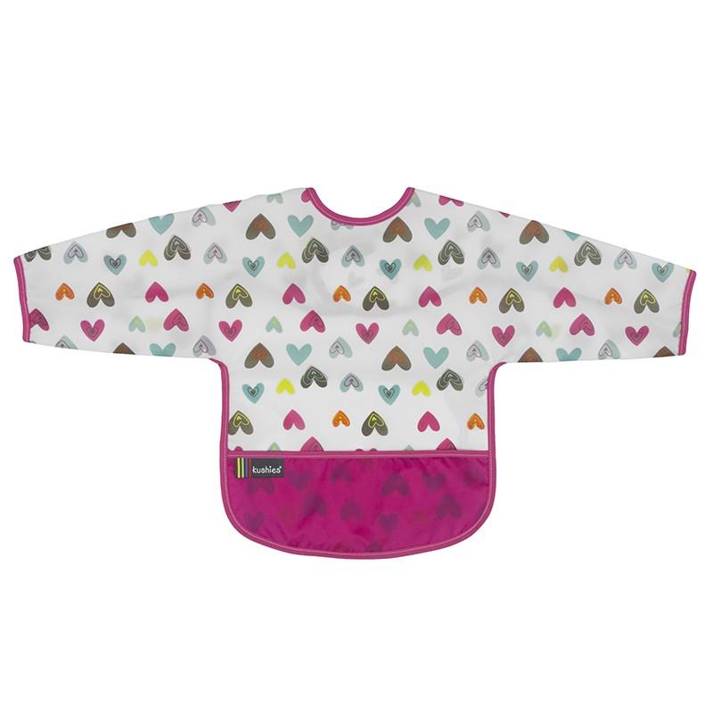 Kushies Cleanbib With Sleeves 12-24 Months (White Doodle Hearts)-Feeding-Kushies-022153 HT-babyandme.ca